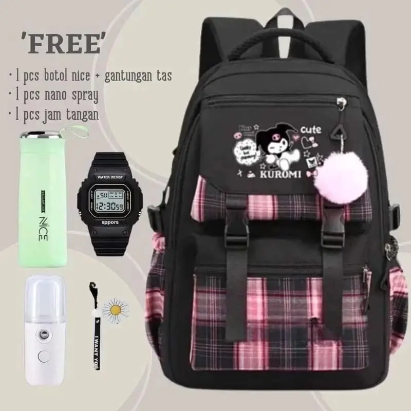 Tas Ransel Anak Perempuan Kuromi Bags Tas Sekolah Free Botol Minuman Nano Spay Jam Tangan Gantungan Lucu BISA COD Fashion Sekolah Wanita Aksesoris 1