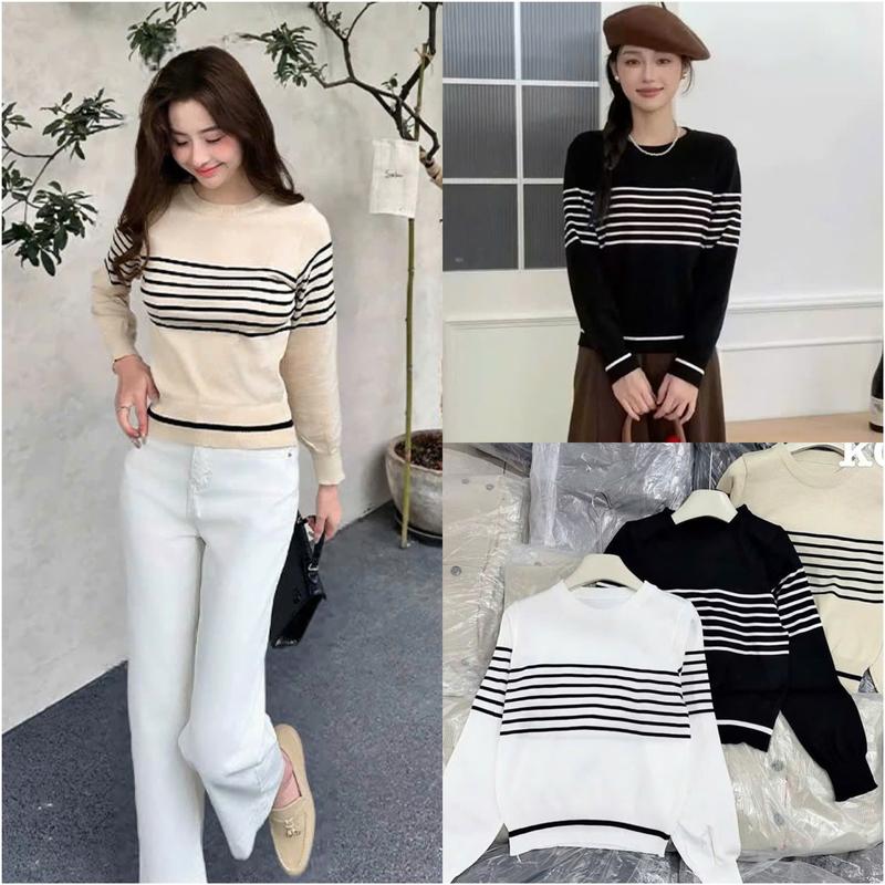  Áo len dệt kim tay dài kẻ ngang nữ kiểu cổ tròn len mongtoghi mỏng mát dáng basic hàng Quảng Châu phong cách thời trang hàng ngày 