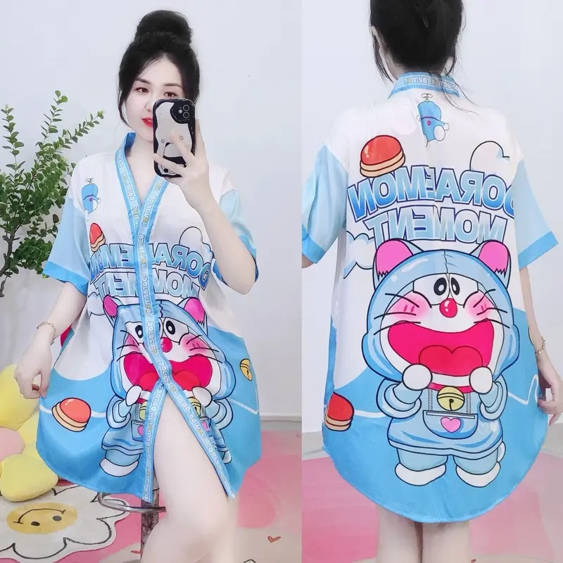 [ 1 CỠ DƯỚI 70KG] Đầm ngủ lụa xước hình dễ thương form suông rộng