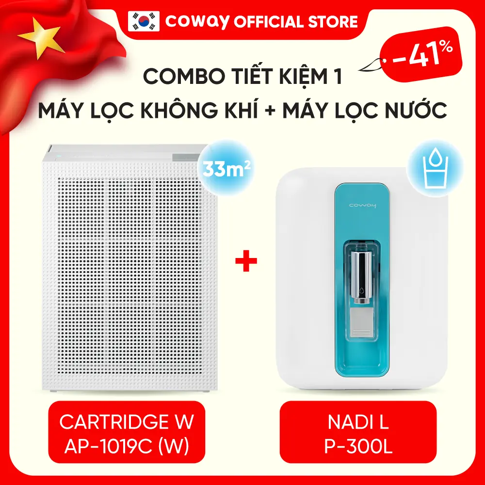 [Combo tiết kiệm 1] Máy lọc không khí Coway Cartridge (W) AP-1019C (W) và Máy lọc nước Coway Nadi P-300L