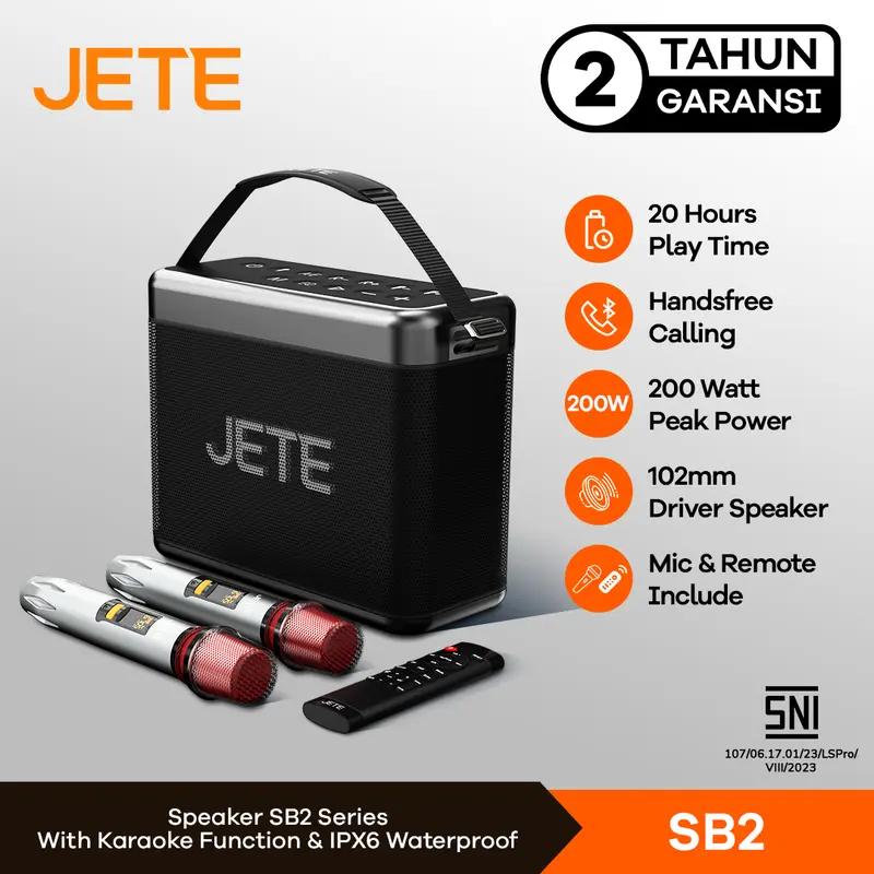 Speaker Karaoke Bluetooth JETE SB2 + 2 Mic Wireless IPX6 - Garansi 2 tahun 0
