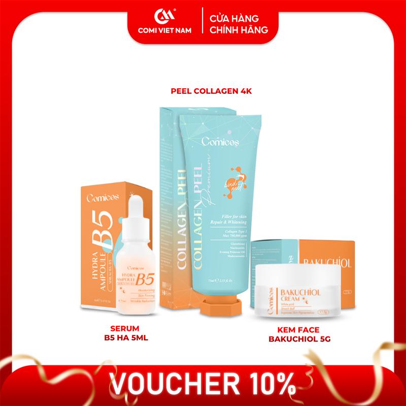 [MUA 1 ĐƯỢC 3] Combo Skincare Massage Peel Collagen 4K(75ml) - Serum B5 HA(5ml) - Kem Face Huyết Yến Bakuchiol(5g).