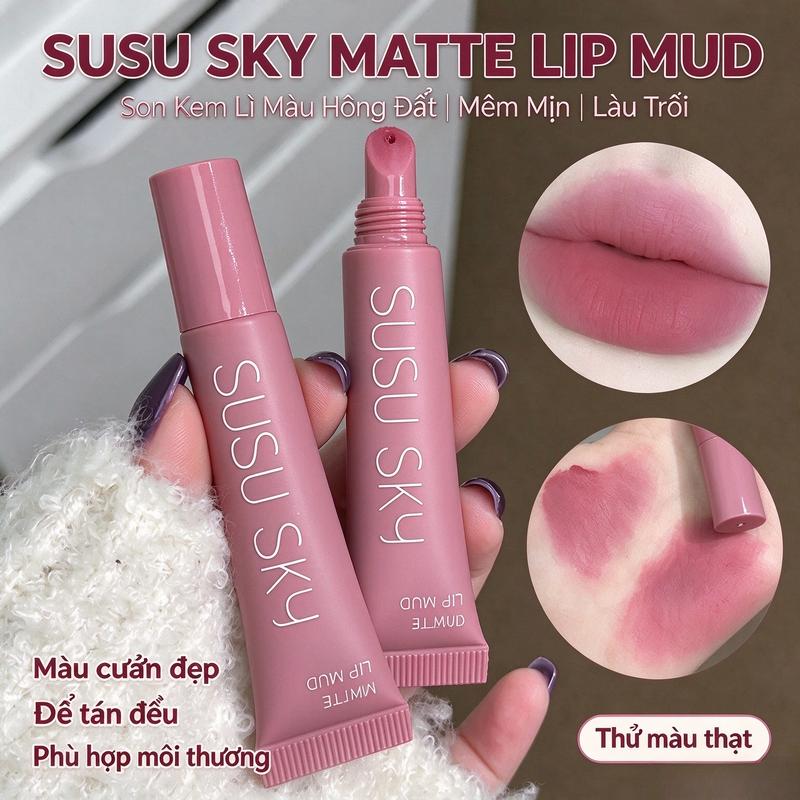 Son đất môi SUSU SKY Matte Lip Mud, chất son lì mềm mại, lâu trôi bền màu, không gây khô môi, nhiều tông màu tự nhiên ngọt ngào, dễ tô đều màu, phù hợp trang điểm hàng ngày, đi chơi, livestream, học sinh và nhân viên văn phòng
