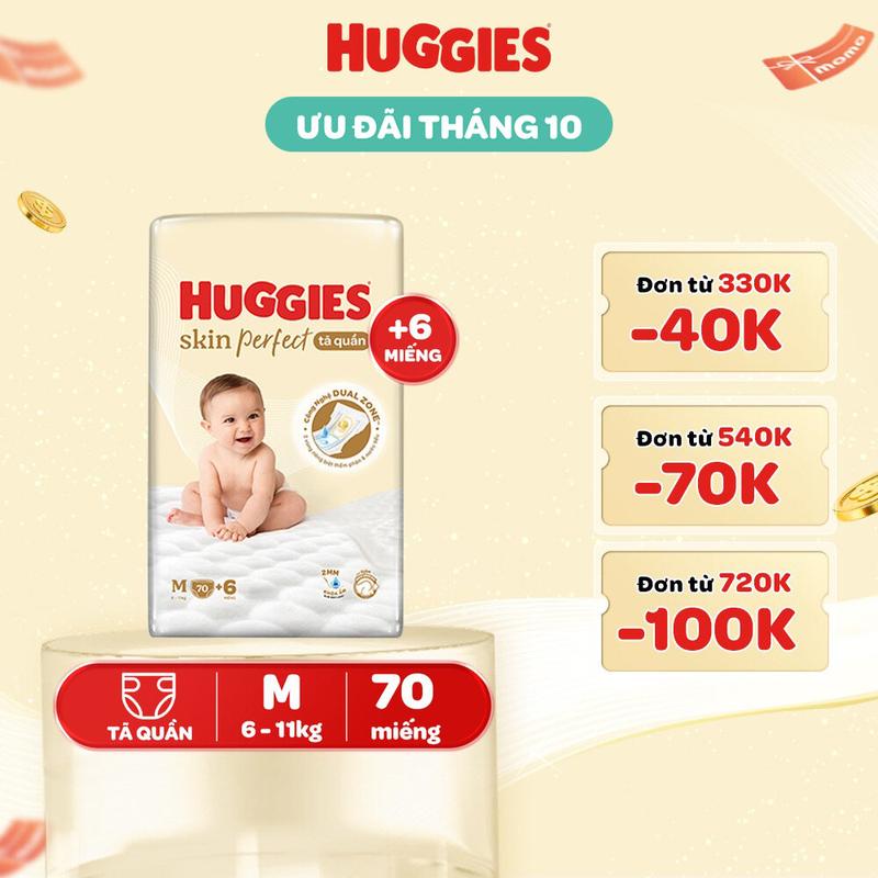 Tã/ Bỉm quần Huggies Skin Perfect Super Jumbo với 2 vùng thấm giảm kích ứng da Size M70+6/L60+6/XL52+6/XXL48+6