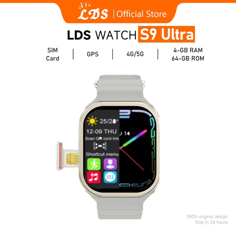 LDS 4G Smartwatch S9 Ultra SIM card wifi 4+64GB Jam Bluetooth GPS NFC full touch screen phone call IP68 waterproof Monitor Layar  Kalkulator 0