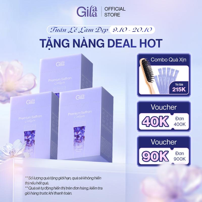 [Tặng Lược Cao Cấp +10 gói collagen] Combo 3 Hộp TPBS Premium Saffron Collagen  Gilaa Hàn Quốc Chính Hãng -Dạng Bột Uống Hỗ Trợ Bổ Sung Collagen (2gx180 gói)