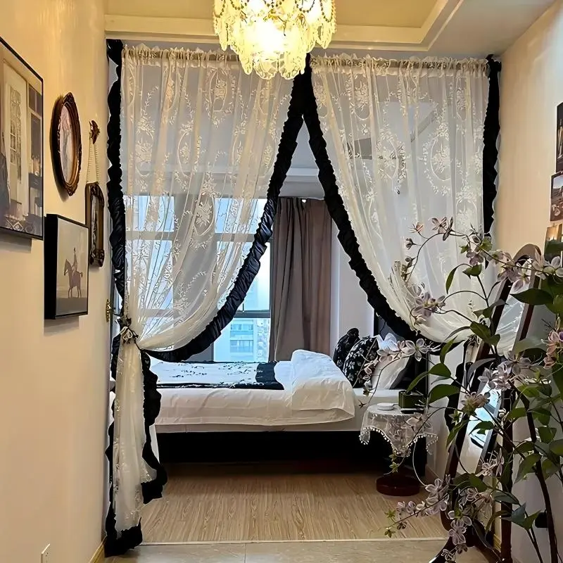 Embroidered Curtain, 2 Counts/set Vintage Style Curtain with Lace Decor, Window Screening for Home Living Room Bedroom Decor