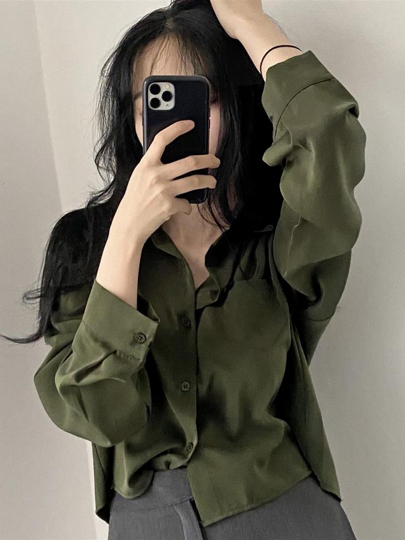 Product Introduction of polo collar single breasted loose long sleeve shirt 3
