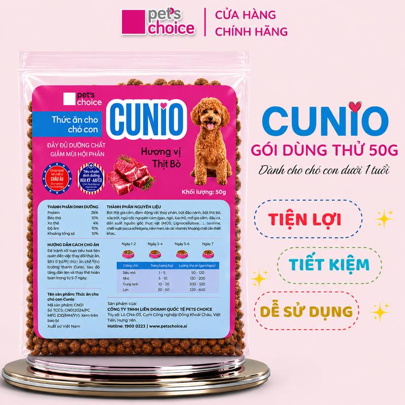 Túi hạt dùng thử cho chó con CUNIO tiện lợi 50g hương vị thịt bò