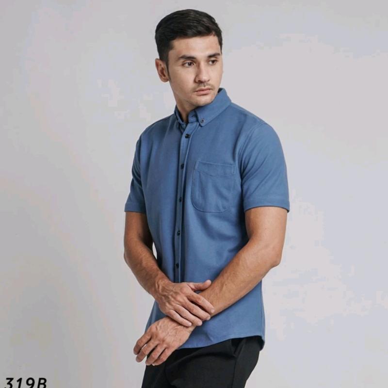 Kemeja Hem pria tangan pendek Slimfit baju distro bahan katun  Navy hitam nyaman 1
