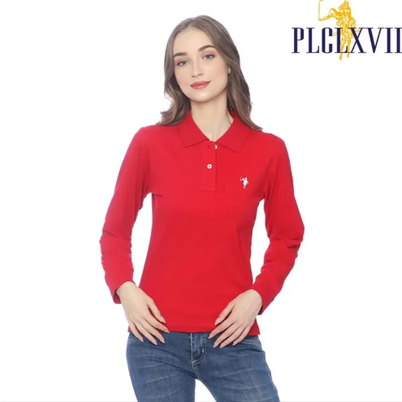 KAOS KERAH POLO WANITA LENGAN PANJANG KUDA KECIL Katun Polos Hitam Putih 0
