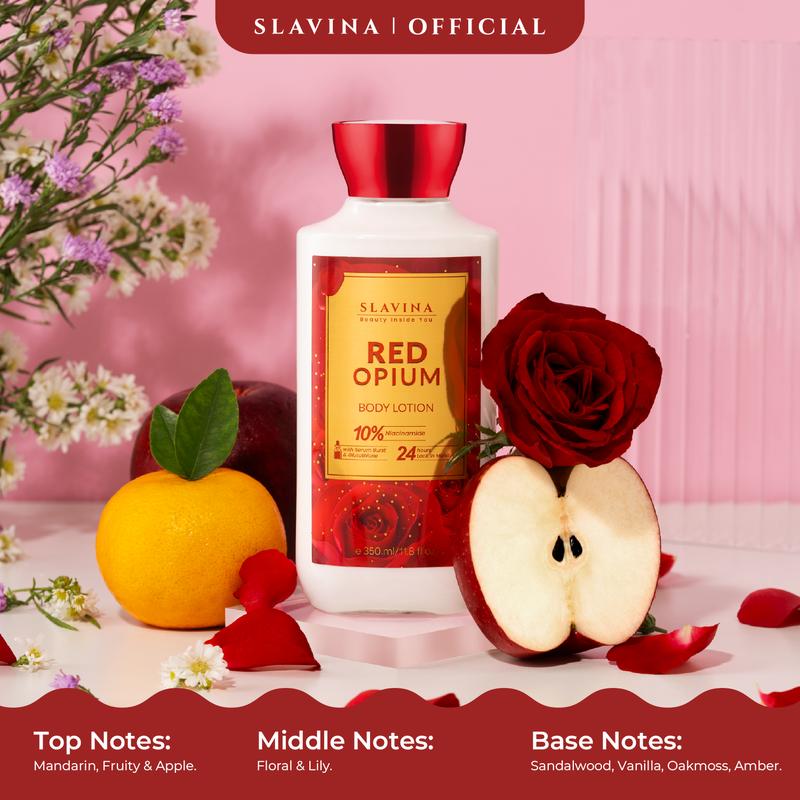 SLAVINA Body Lotion Red Opium Niacinamide with Serum Burst Glutathione Moisturizing Whitening Mencerahkan Hydrating Memutihkan Wangi Bunga Mawar 3