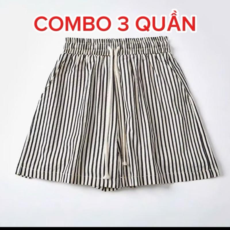 ￼Combo 3 Quần Short Đùi Nữ Hoạ Tiết Kẻ Sọc Chất Vải Đũi Xốp Nhẹ Mát (Có Túi) Ảnh thật