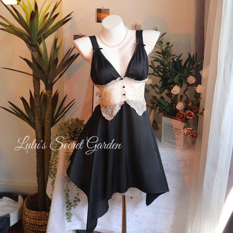 LULU 1053-Sexy Lace Hollow Solid Color Seductive Camisole Nightdress and Robe Set for Women - Homewear 2