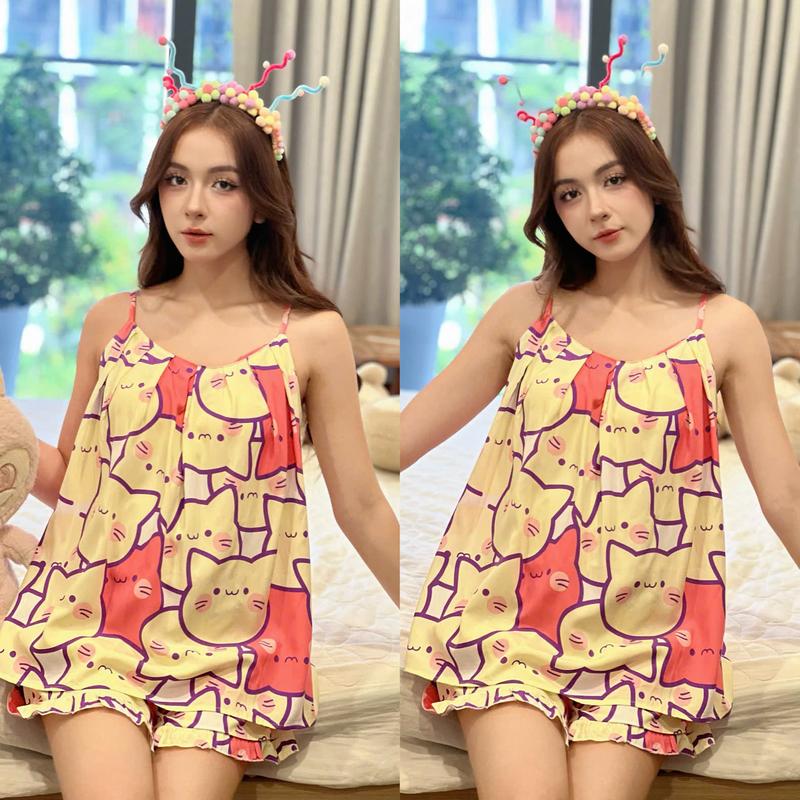  Bộ bầu 2 dây quần đùi xếp ly fom suông thoải mái mặc nhẹ mát trong ngày hè Nữ Women Áo Voi 