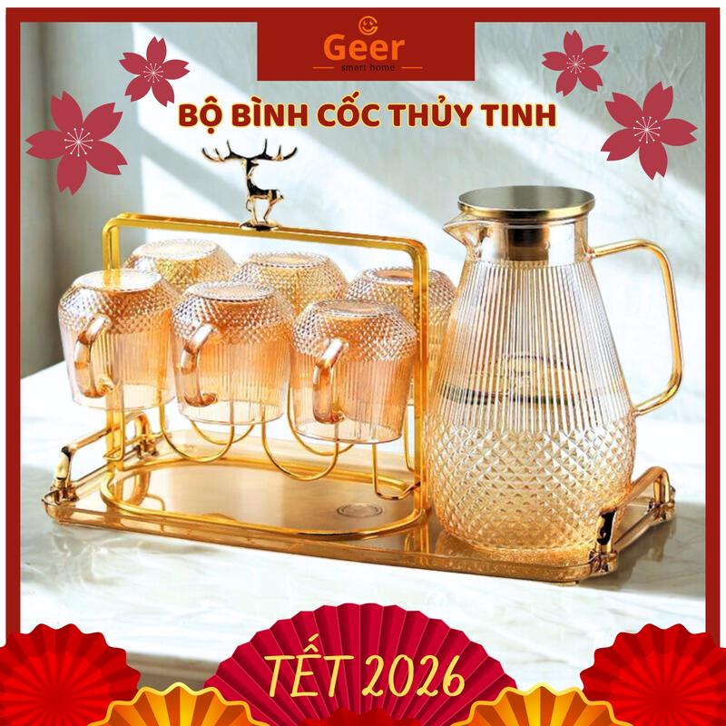    Geer   Bộ Bình Cốc Thủy Tinh Sang Trọng Dung Tích 1500ml và 6 Cốc Quai 250ml decor cho không gian gia đình 