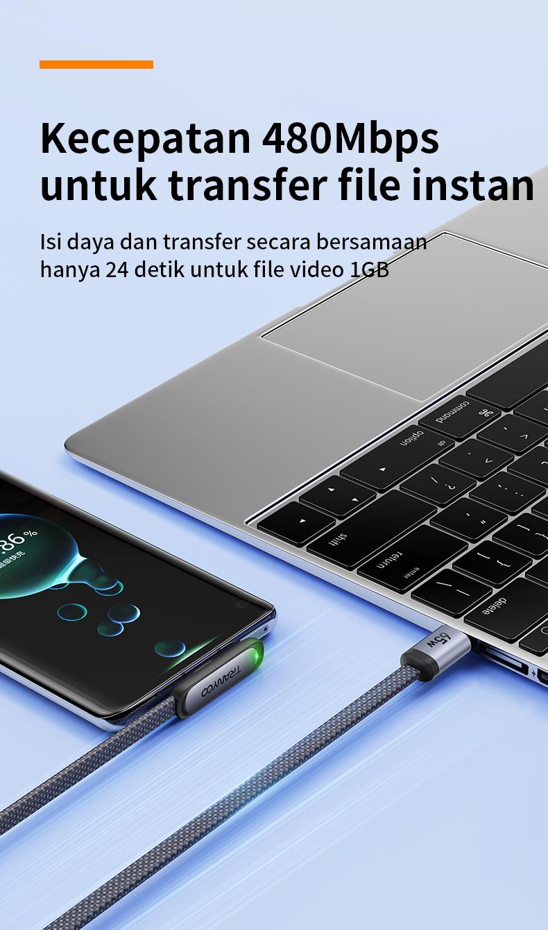 TRANYOO Kabel Data 65W Type-C ke Type-C / 30W Lightning(iPhone), desain siku 90°, cocok untuk iPhone, Samsung, OPPO, VIVO, Xiaomi, POCO, realme, Infinix & Android. Konektor emas, panjang 1,2m, cocok untuk ponsel & tablet, model CC-3.