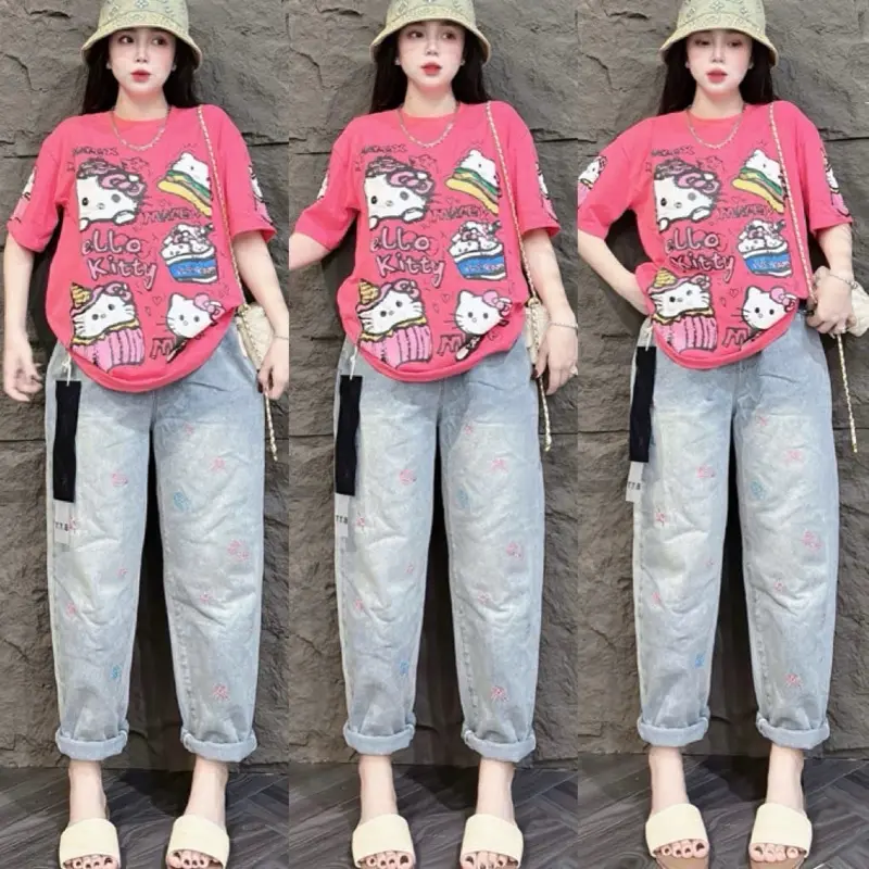 Set bộ jean baggy mèo quần thêu áo siêu cấp tay ngắn cotton cổ tròn quần jean mềm mịn lưng thun co giản Women 0