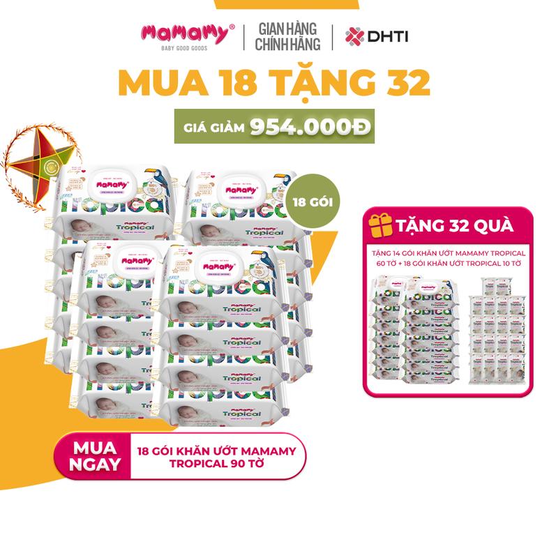 [TGMBS][MUA 18 TẶNG 32] MUA 18 gói khăn ướt Mamamy Tropical 90 tờ không hương thơm TẶNG 14 gói khăn ướt 60 tờ không mùi + 18 gói khăn ướt mini 10 tờ