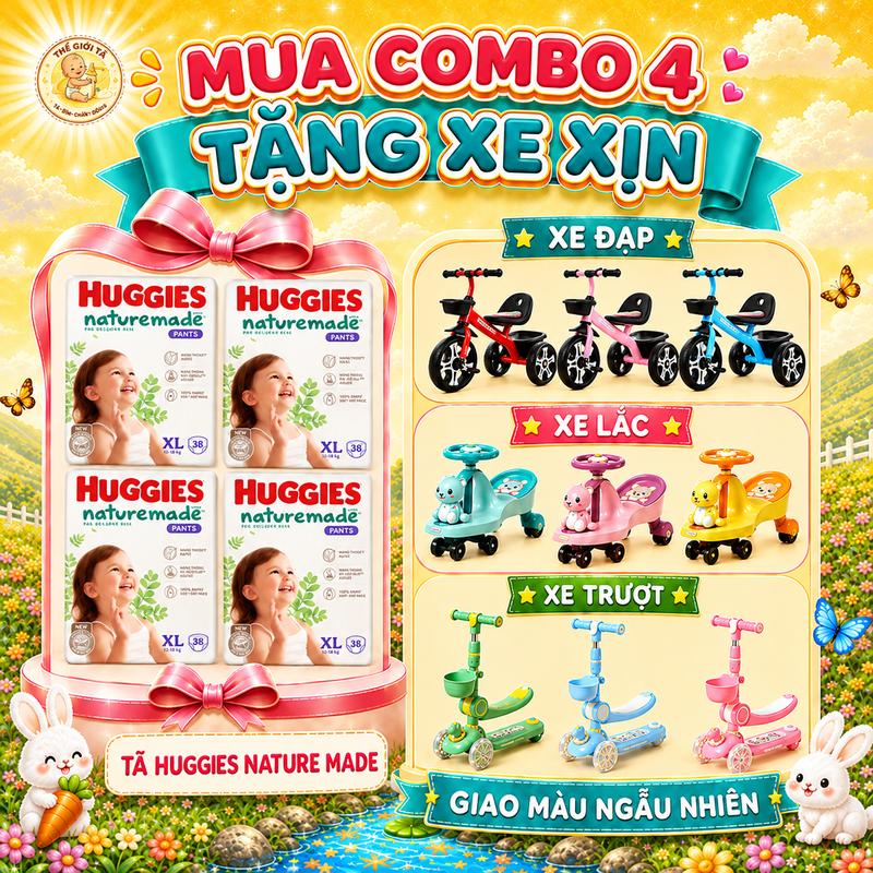 Combo 4 tã dán/quần HUGGIES Nature Made size S82/M64/L54 và M58/L44/XL38/2XL26/3XL28 - TẶNG XE ĐẠP, XE LẮC HOẶC XE TRƯỢT