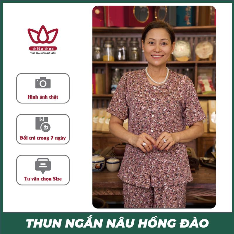 Đồ Cho Tặng Bà, Đồ Bộ Trung Niên Nữ Mặc Nhà Ngắn Tay THUN HÀN Cotton Họa Tiết Nâu Hồng Đào Top Áo Quần Ngủ