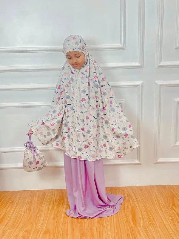 Mukena Anak Flower Series 2 in 1 Bahan Rayon Premium Lembut Nyaman Usia 4-13 Tahun Pouch Serut By KAL COLLECTION 2