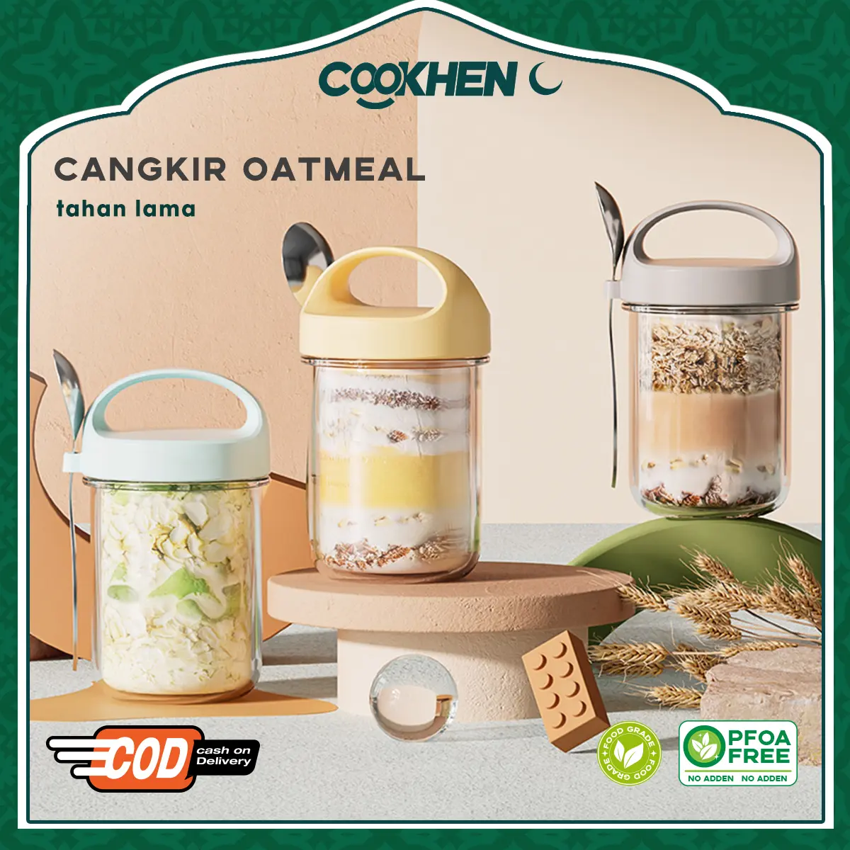 COOKHEN Wadah Tempat Sarapan Gelas Kaca Oatmeal 400ml Free Sendok
