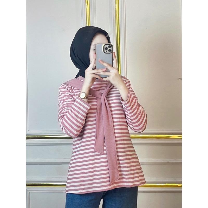 JN- Chika Blouse Stripe Atasan  Panjang Wanita Knit Casual Baju Knitted Knitwear Crop Top Outer Cardigan Oversize kemeja  hadeed Motif Kardigan Garis Basic 5