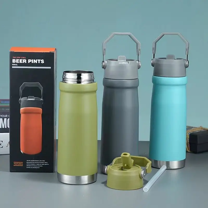 Tumbler Botol Minum Stainless 304 ukuran 650ml Dengan Handle dan Sedotan 1