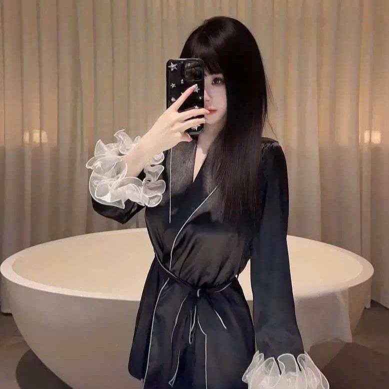 Kaki - Sét bộ pijama ren xoắn kèm đai có cúc gài chất lụa latin freesize 40-60kg tay phồng bánh bèo thô đũi caro siêu sang