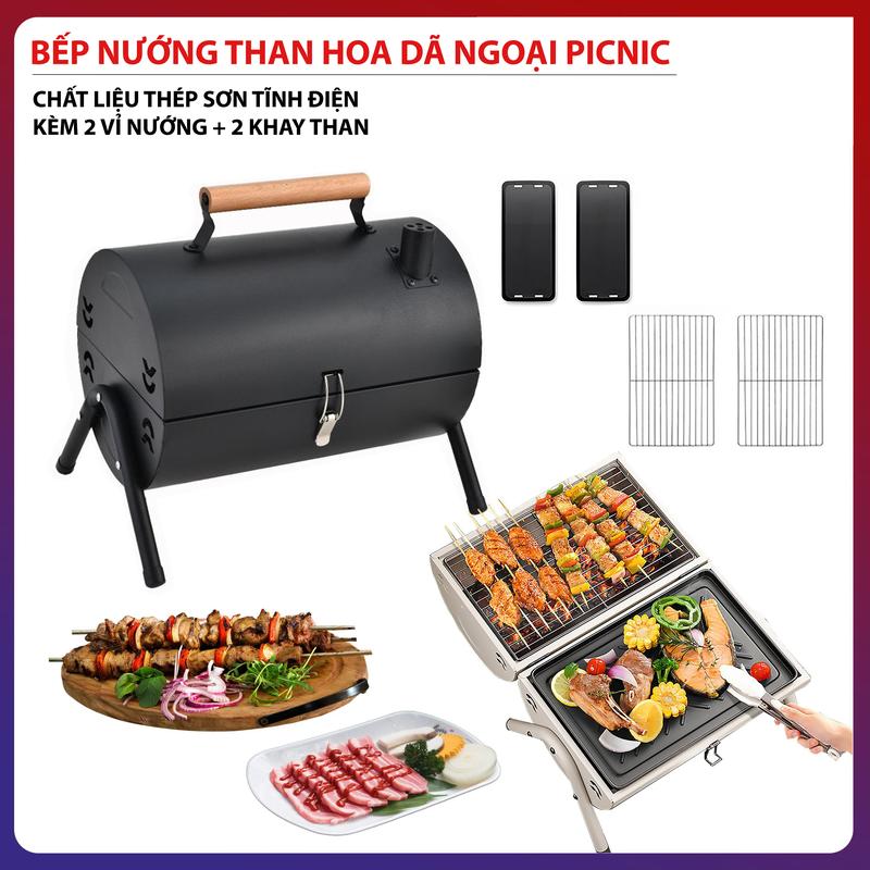  Bếp Nướng Than Hoa Dã Ngoại Ngoài Trời Chất Thép Không Gỉ Kèm Vỉ Nướng Inox Khay Đựng Than Nướng Thịt Siêu Ngon 