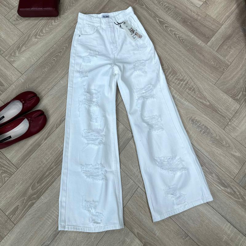 THE QUẠO - Quần Jean Nữ Trắng Rách Lưng Cao Ống Rộng 30CM S0607_717