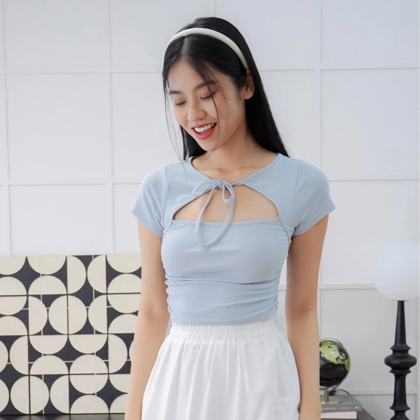 Mei Tie Neck Ruched Top (Black/ White/ Greyish Blue/ Dusty Lilac)