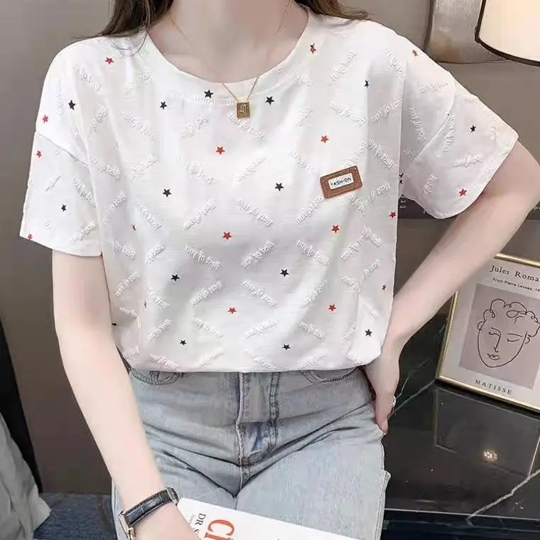 Áo Thun Ngắn Tay Có Vai Cho Nữ, Hàng Mới Về Mùa Hè Hợp Xu hướng Phong Cách Instagram, Dáng Rộng Vừa Vặn, In Hình Thường Ngày Đồ Trang Trí Ba Chiều Áo Thun Tay Lỡ Màu Trắng, Quần Áo Nữ Mùa Hè Top Women Cổ Tròn