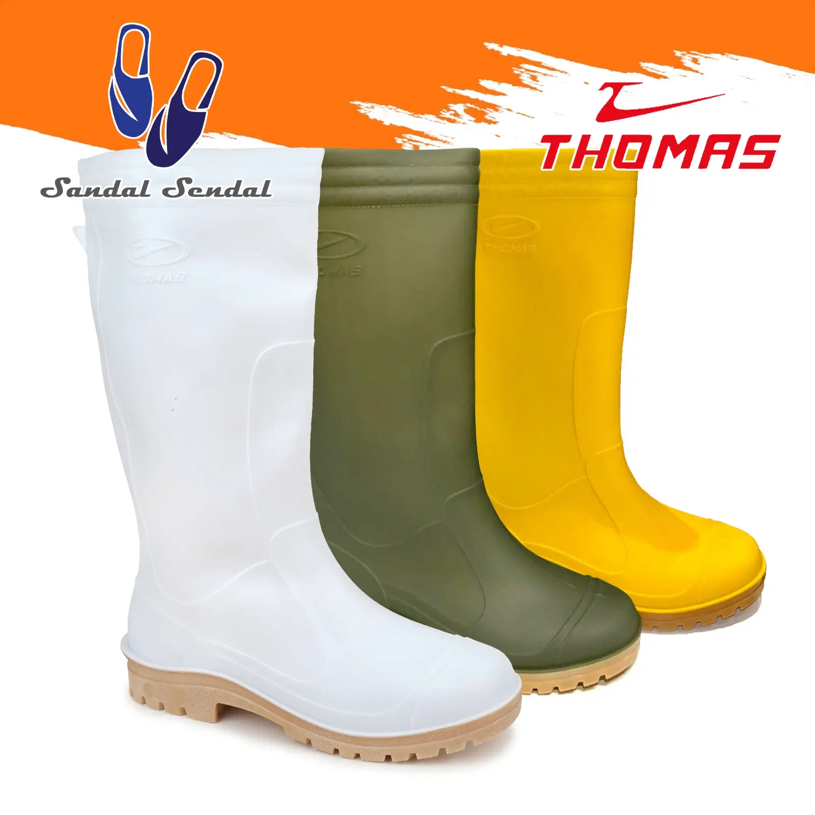Sepatu Boot Tinggi THOMAS 808 Hijau Kuning Putih Karet Lokal Anti Air & Slip Lentur Perkebunan