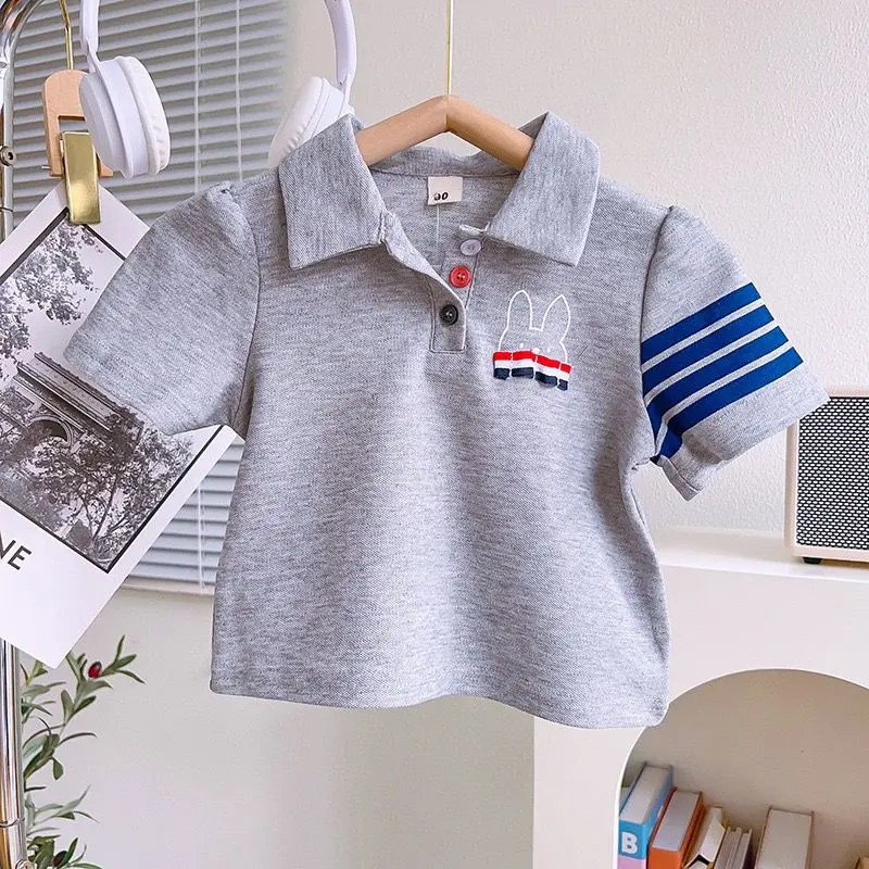 [KIDSFASHIONKOLEKSI] Setelan Polo Rok Abu Motif Rabbit Stripe Anak Perempuan Simple 3
