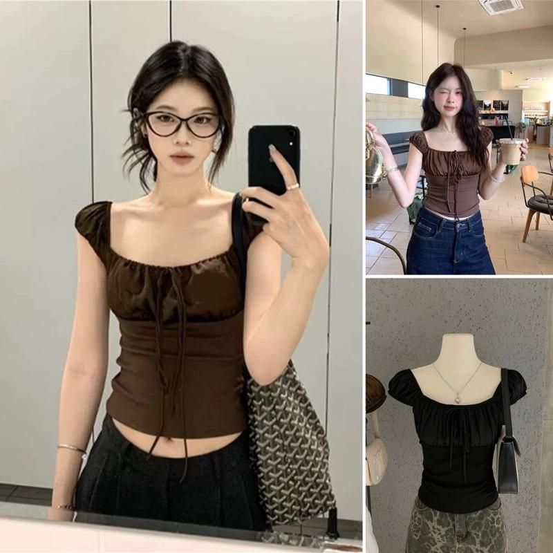 [Mở Bán] Slim Fit Top - Áo thun cổ vuông tay bèo rúm chun basic chất liệu thun cotton by Halinh M349