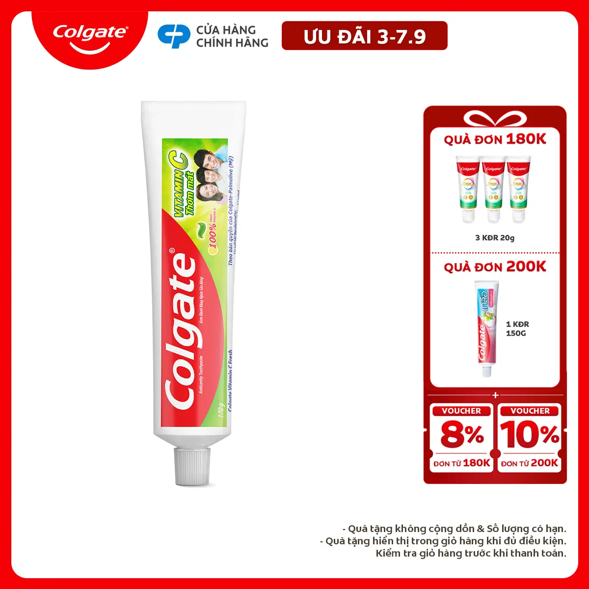 [Ưu đãi 3-7.9] Kem đánh răng Colgate dòng Vitamin C thơm mát 170g/ tuýp