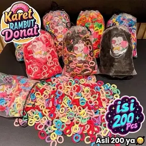 ￼Karet Rambut Pouch Kantong anak Donat Tebal isi 200 Pcs Ikat rambut Kantong Pouch 200 Pcs Perempuan warna warni