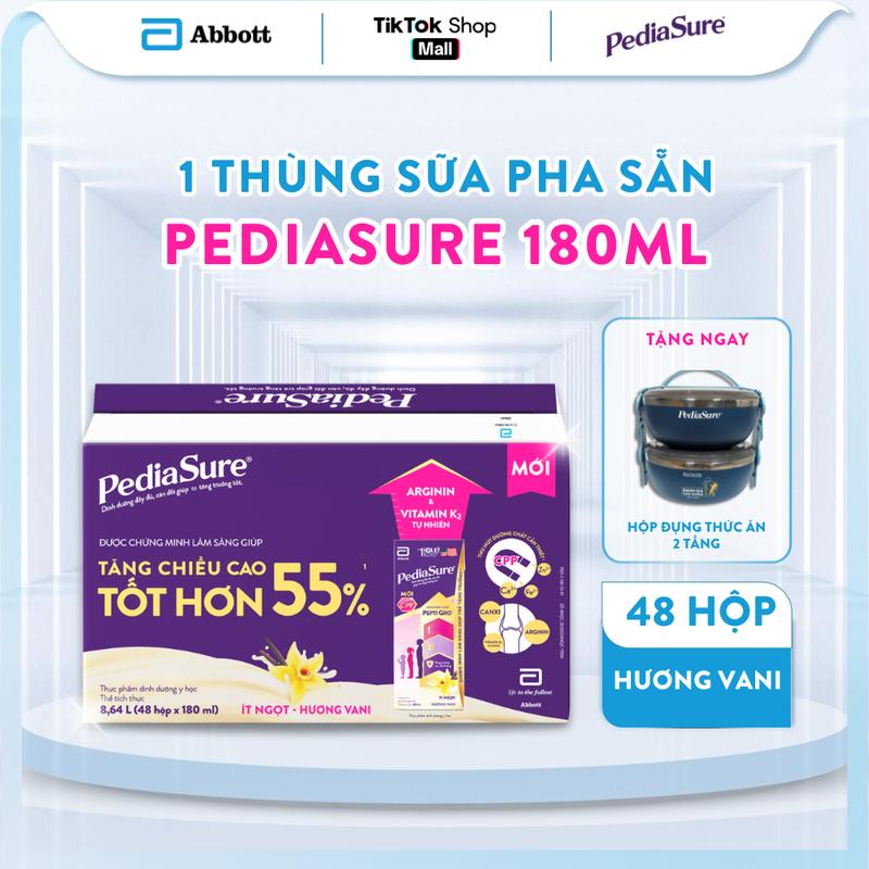 [TẶNG HỘP ĐỰNG THỨC ĂN 2 TẦNG PEDIASURE] Thùng 48 hộp sữa PediaSure pha sẵn chính hãng hương vani ít ngọt 180ml