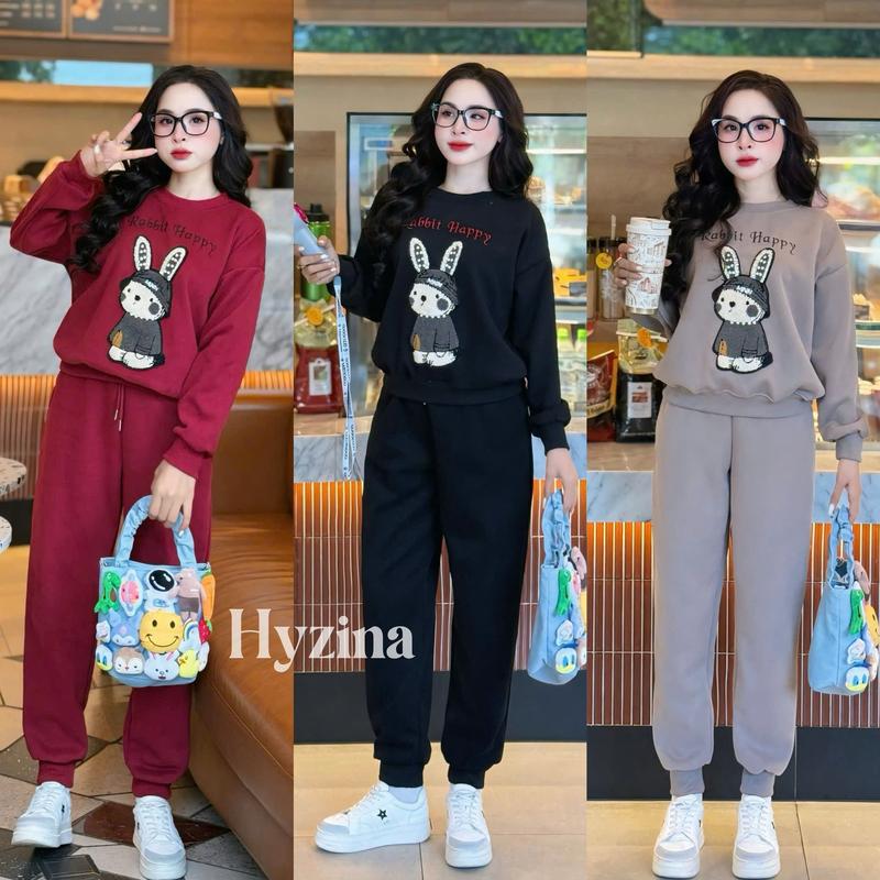 Set Bộ Quần Áo Hoạ Tiết Thêu Hình Thỏ Chữ Rabbit Cho Nữ Chất Liệu Nỉ 2 Da Set Đồ Nữ Đẹp Bộ Nỉ Thu Đông Nữ Set Đồ Nữ Mùa Đông