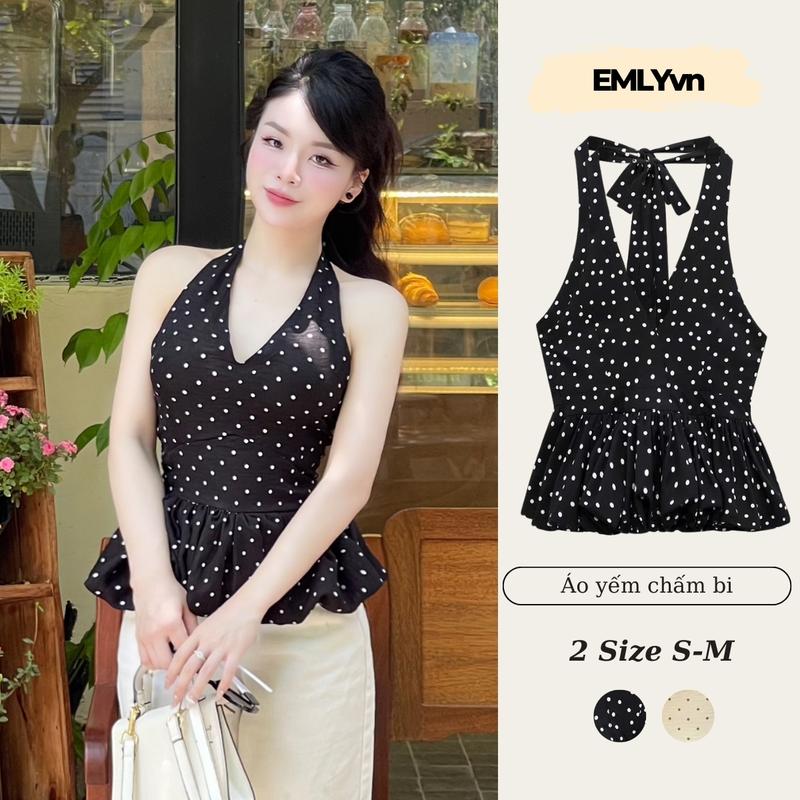  EMLYvn -   KHÔNG MÚT   Áo Yếm Chấm Bi Nữ Cổ V Áo Cột Cổ Hot Trend Hè 2025 Áo Đi Biển Dạo Phố Dáng Babydoll 