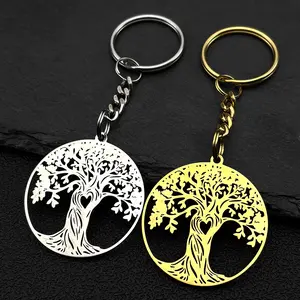 Aesthetic Hollow Tree of Life Love Heart Key Chain for Women Men Stainless Steel Gold Color Lucky Amulet Key Ring Jewelry Gift