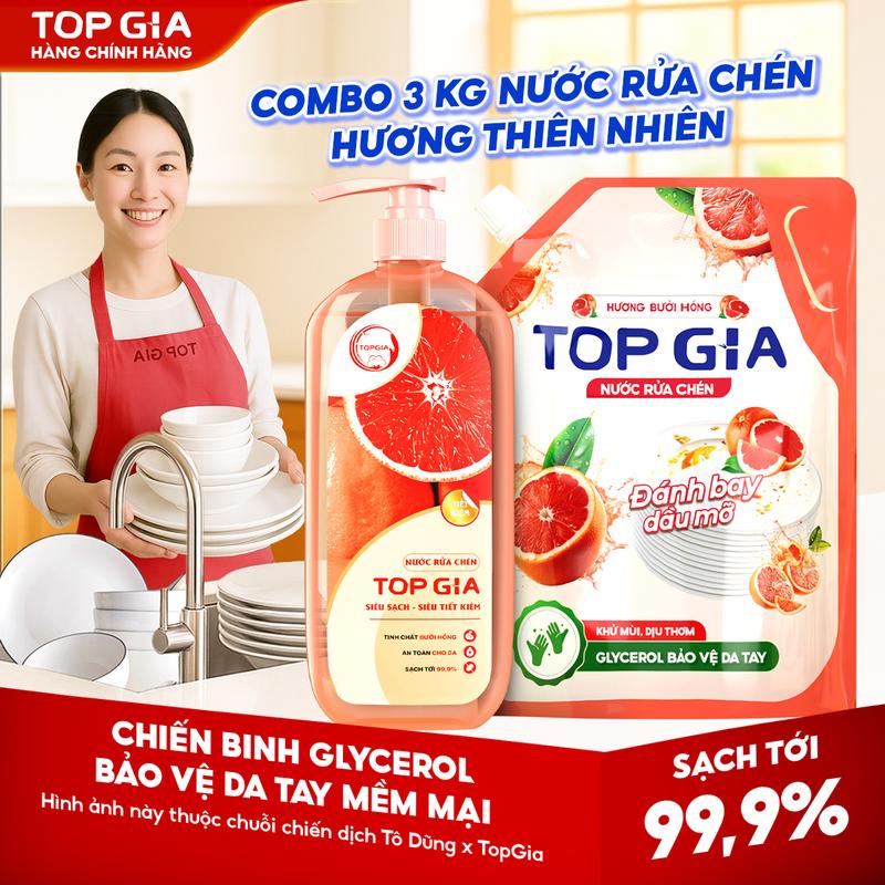 BÁN CHẠY COMBO 1 túi Nước Rửa Chén 2L + 1 Chai Nước Rửa Chén Hương Bưởi Hồng | Đánh Bay Dầu Mỡ Công Thức Cải Tiến MỚI TOPGIA dầu rửa bát chén gia dụng nhà bếp RC