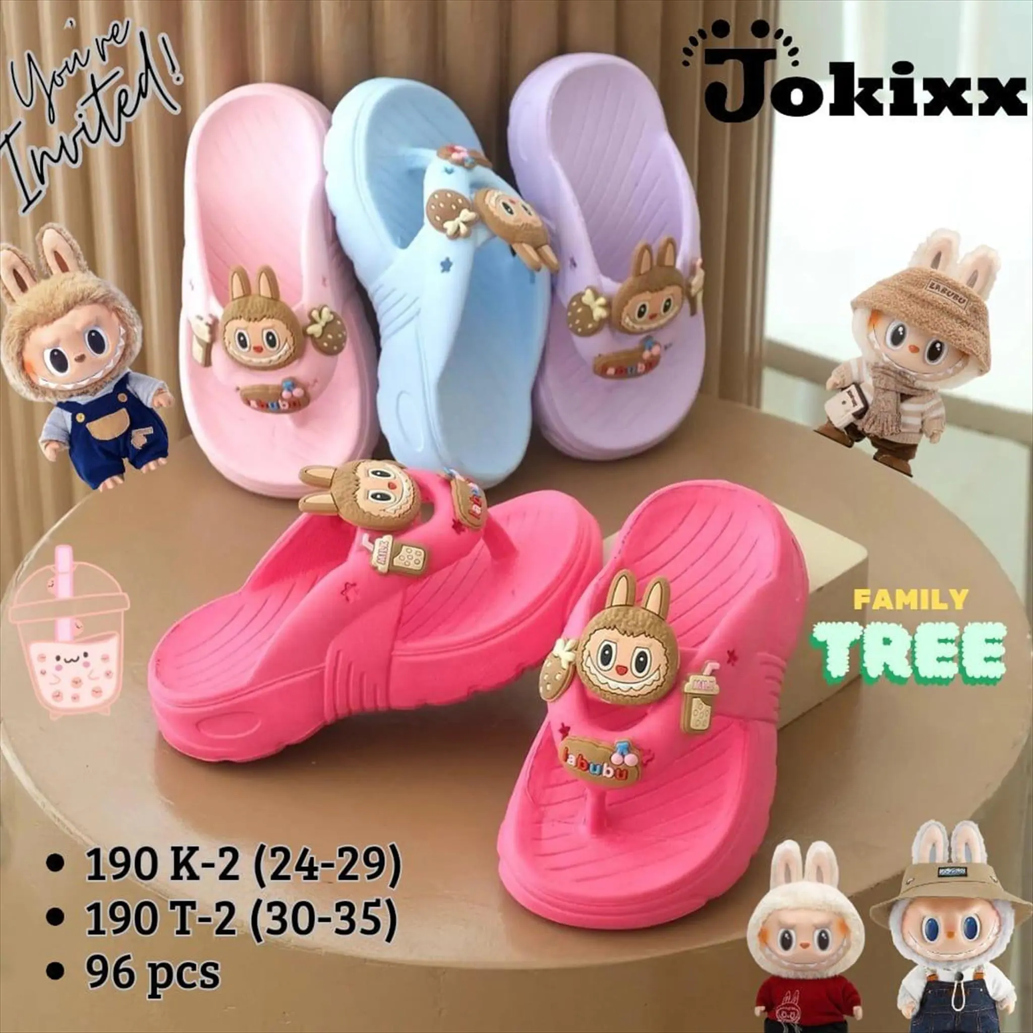 (190K-2/190T-2) Sandal Jepit Jokixx Eva Anak Perempuan Tali Hias Labubu Boba Sol Tebal Super Empuk Lucu Kekinian /  Ukuran 24-35