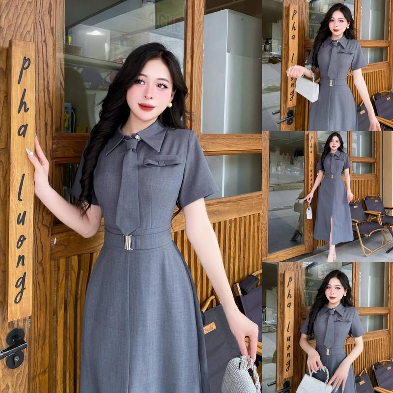 BK96 - Váy Thiết Kế Evii dành cho nữ, Đầm thiết kế cổ đức, đính cúc tạo điểm nhấn (tặng kèm cavat) đai may liền, dáng A dài xẻ trước phù hợp đi làm, đi chơi và đi dự tiệc. Có Bigsize Women Dress