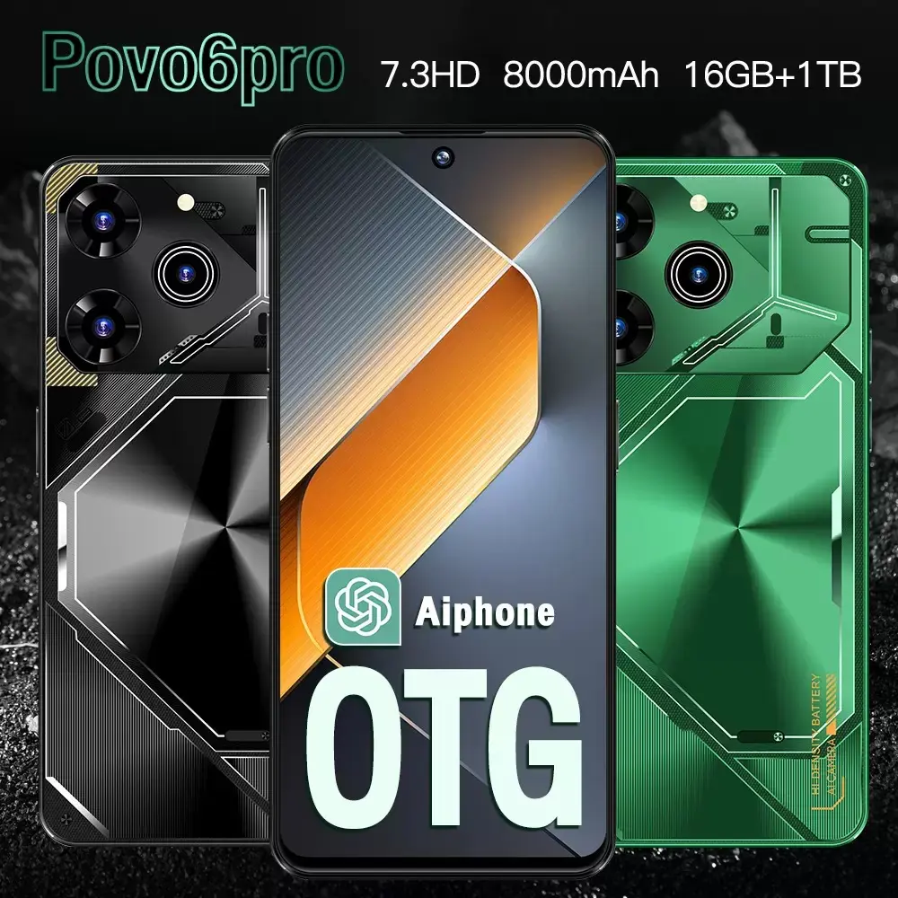 [1year warranty]Hot selling  smartphones ,Povo6 Pro 7.3-inch high-definition smartphone with ultra long battery life, Android 14 system, 5G phone supporting facial recognition, dual card,fingerprint unlocking, android phones