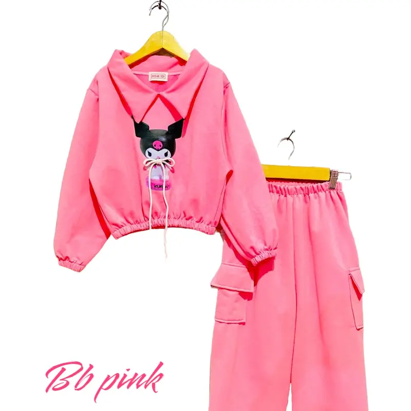 Baju Setelan Sweter Crop Anak Perempuan Gambar Kuromi Viral 3D tali Timbul Celana Cargo usia 2 sampai 12 Tahun 1