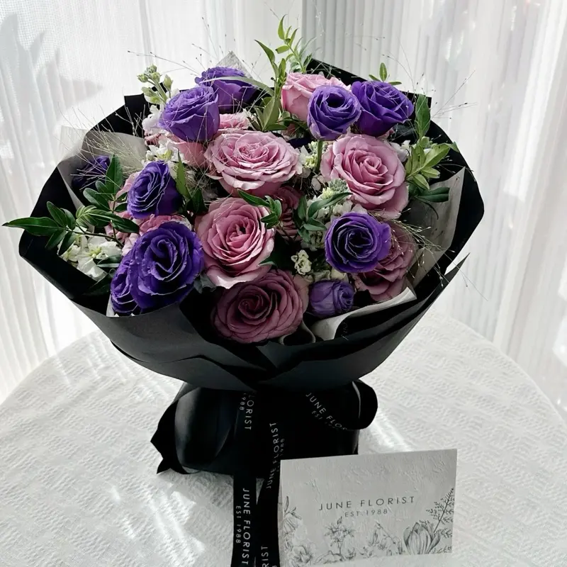 June Florist Hand Bouquet Purple Roses 01 - Elegant and Serene Floral Arrangement