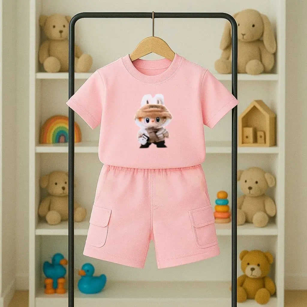 Suits & Sets Anak Perempuan LABUBU Celana Cargo Pendek untuk Usia 3-10 Tahun - Fashion Baju Pas Transparent TPE Beige oneset set